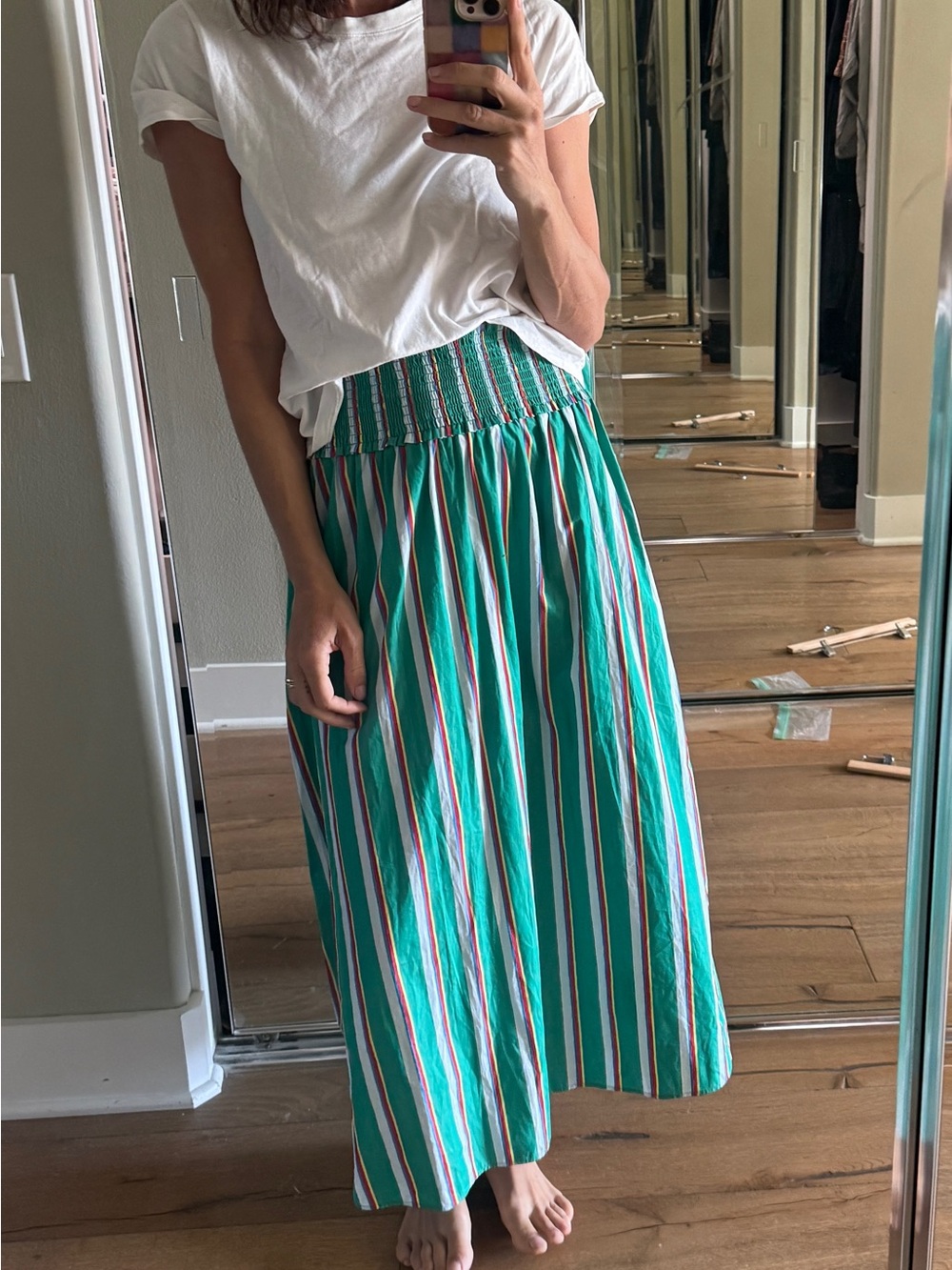 Hill House green Vertical Stripe Smocked Maxi Skirt and matching top - Picture 2 of 9